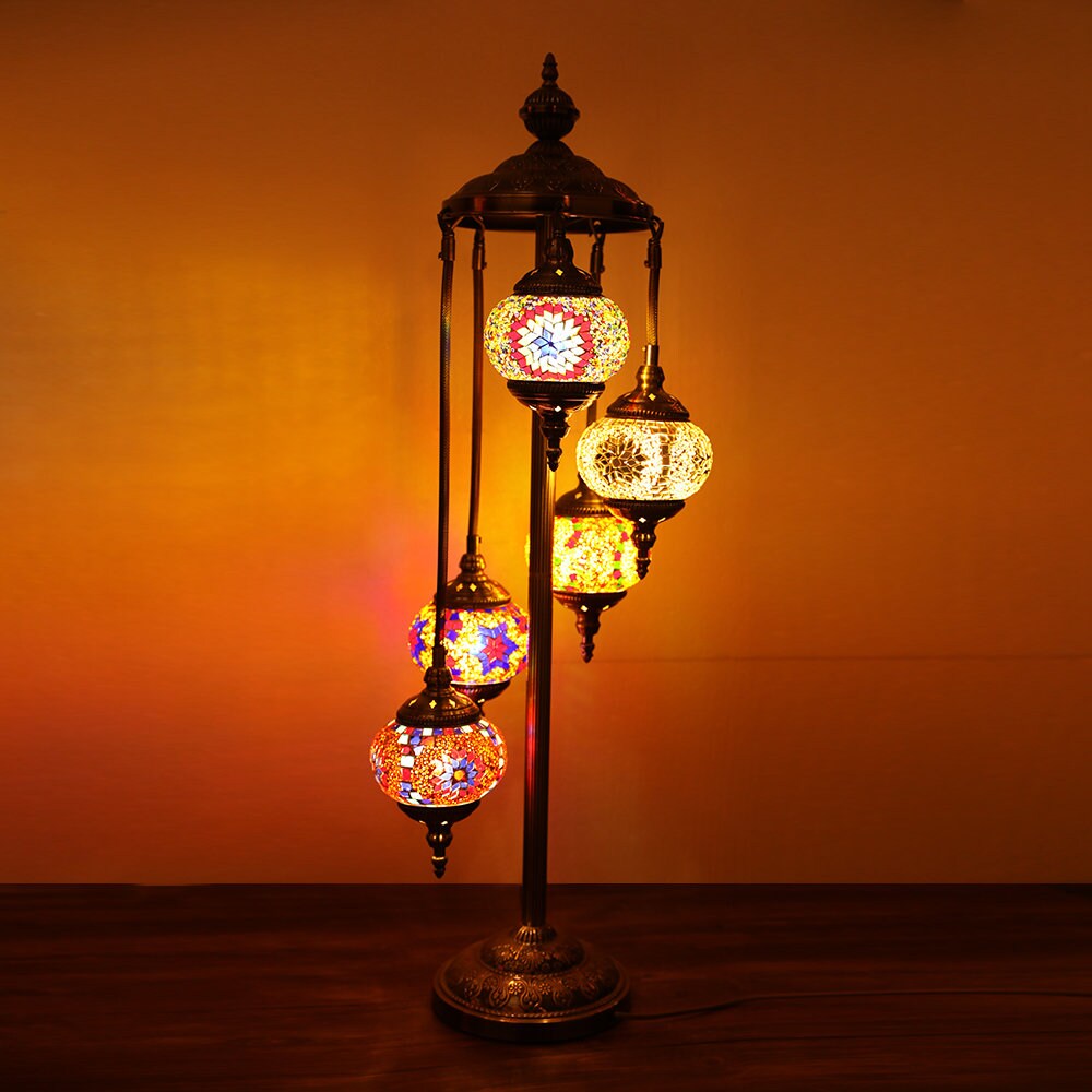 Mosaic Floor Lamp 5 Large Globes, Turkish Moroccan Style Multicolour Lights