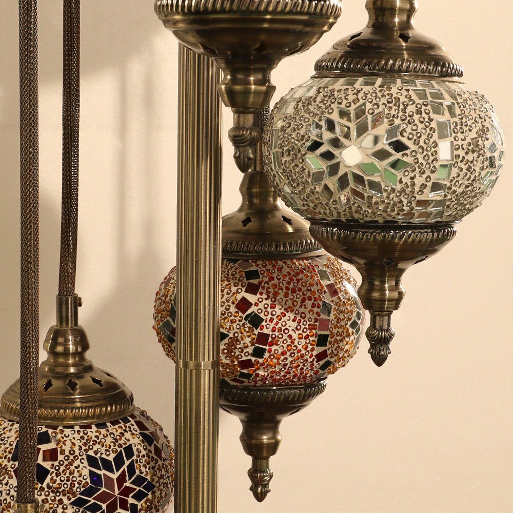 Australian Plug - Aussie Seller, Mosaic Floor Lamp 5 Large Globes, Turkish Moroccan Style Multicolour Lights