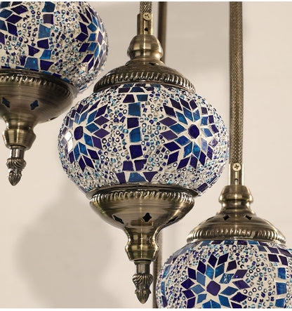 Chandelier Helical 7 Globes Turkish Moroccan Style Mosaic Multicolored Light
