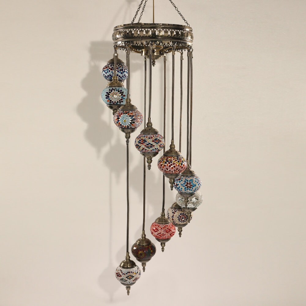 Chandelier Helical 11 Globes Turkish Moroccan Style Mosaic Multicolored Light