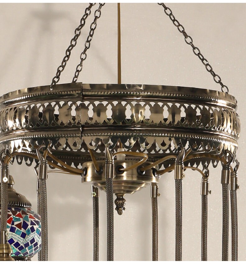 Chandelier Helical 11 Globes Turkish Moroccan Style Mosaic Multicolored Light