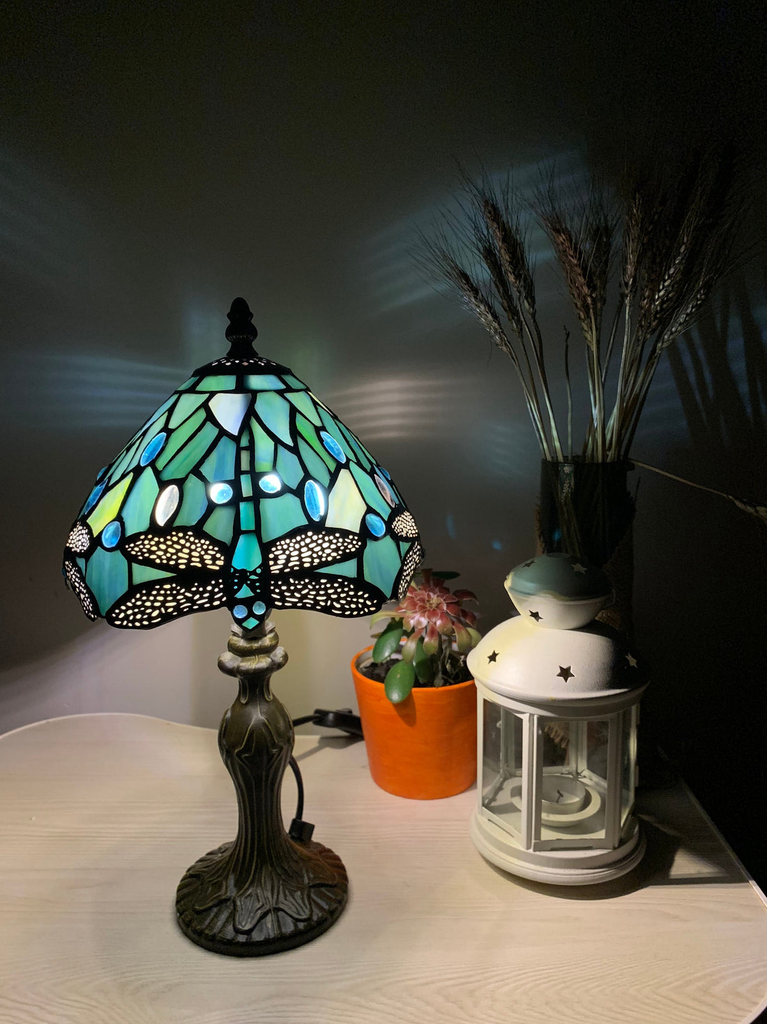 Sea Blue Tiffany Lamp, Dragonfly Style Lamp, Stained Glass, Crystal Bead Lampshade, Stained Glass Lamp Shade, Bedside Lamp,