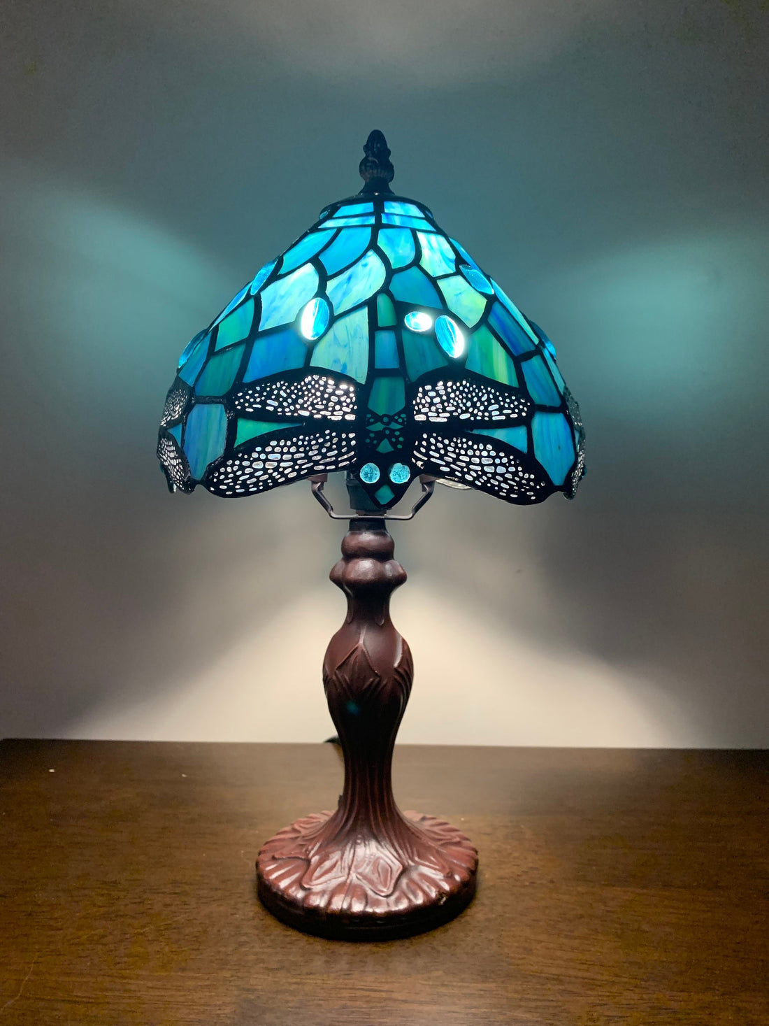 Tiffany Lamp, Dragonfly Lamp, Stained Glass Shade, Crystal Bead Lamp Shade, Antique Lampshade, Stained Glass Lampshade, Bedside Lamp, Sea Blue