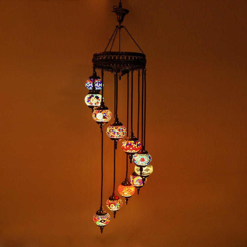 Chandelier Helical 11 Globes Turkish Moroccan Style Mosaic Multicolored Light