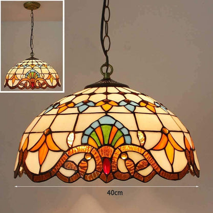 Crown Tiffany Hanging Lamp 16in, Leadglass Stained Glass Shade, Crystal Bead Lampshade, Chandelier, Pendant Light, Living Room Kitchen Lamp