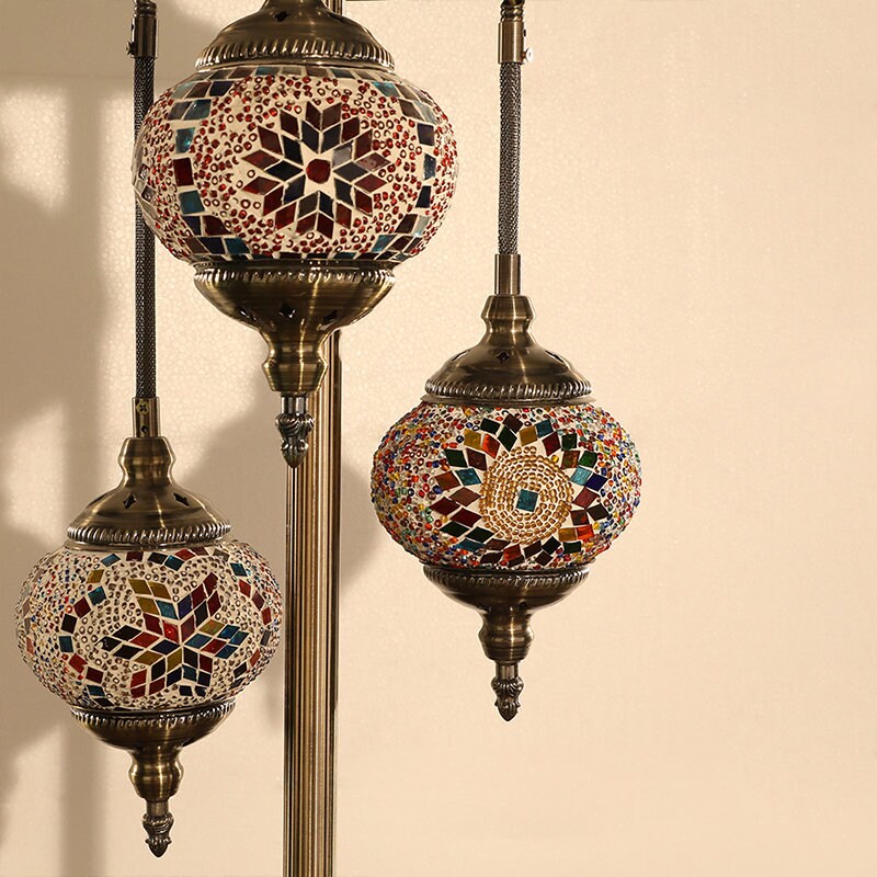 Australian Plug - Aussie Seller, Floor Lamp Turkish Moroccan Style Mosaic Multicolour Light 3 Large Globe