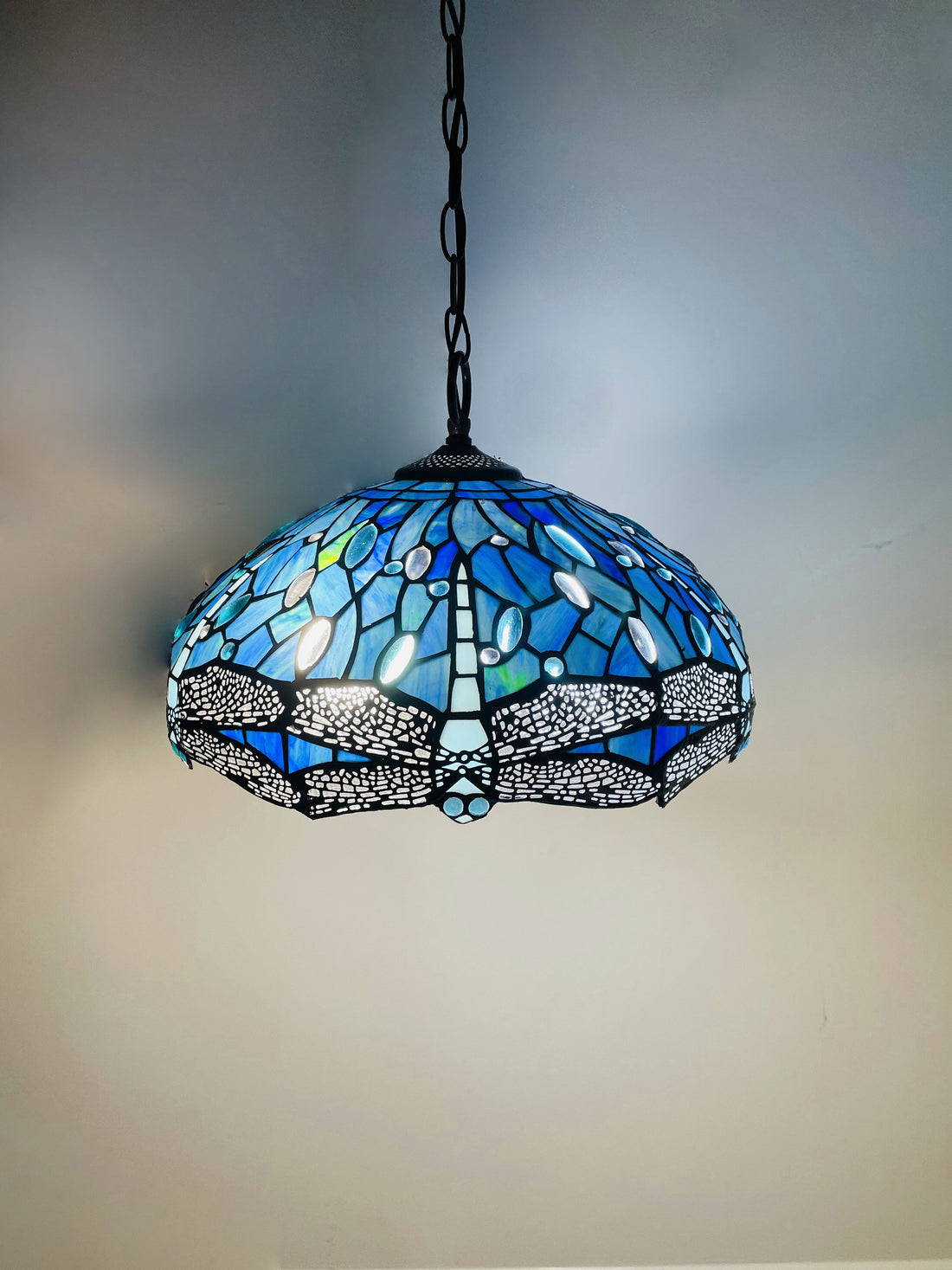Sea Blue Dragonfly Tiffany Hanging Lamp 16in, Leadglass Stained Glass Shade, Crystal Bead Lampshade, Pendant, Chandelier, Hampton, Beach