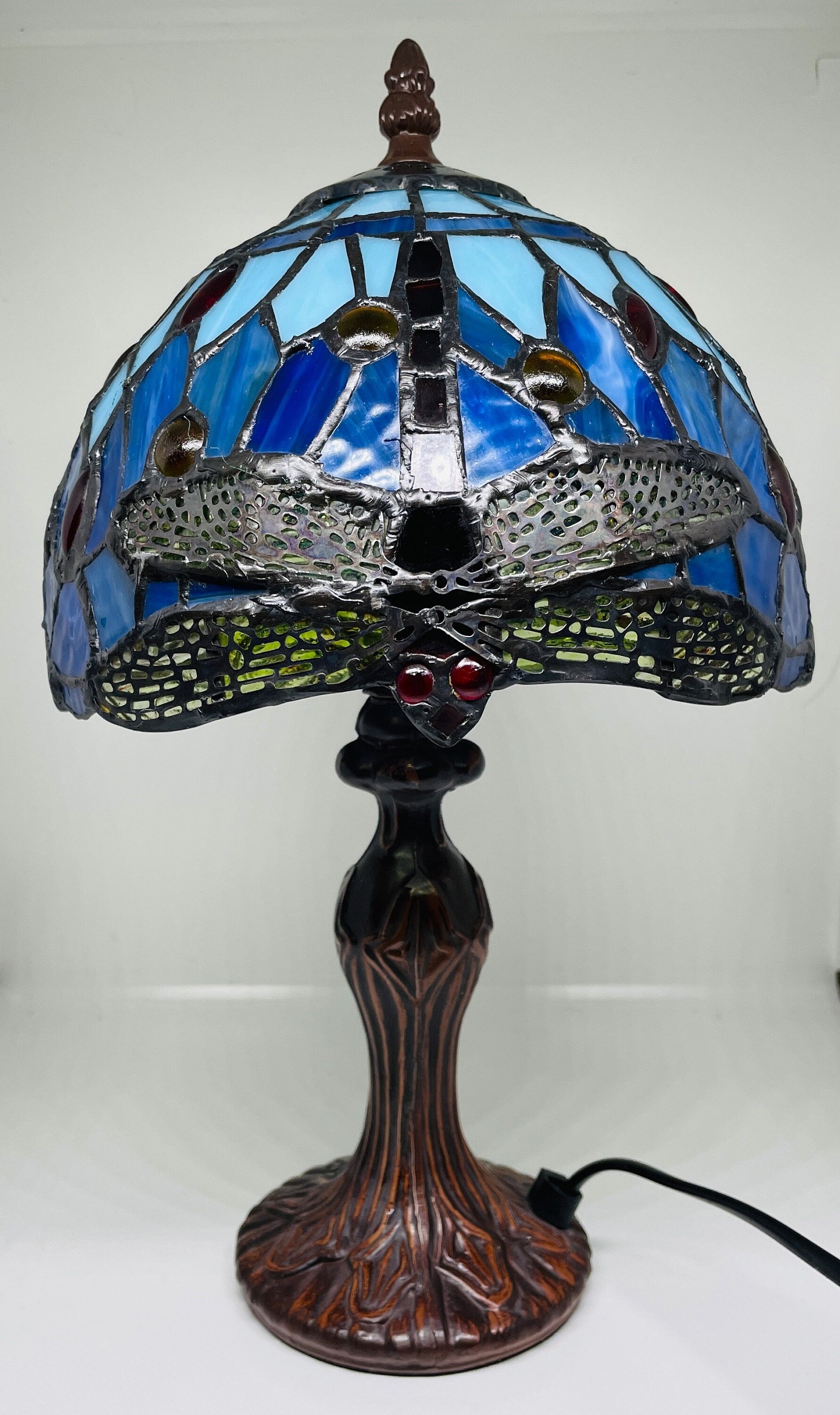 Sky Blue Tiffany Lamp, Dragonfly Style Lamp, Stained Glass, Crystal Bead Lampshade, Stained Glass Lamp Shade, Bedside Lamp,