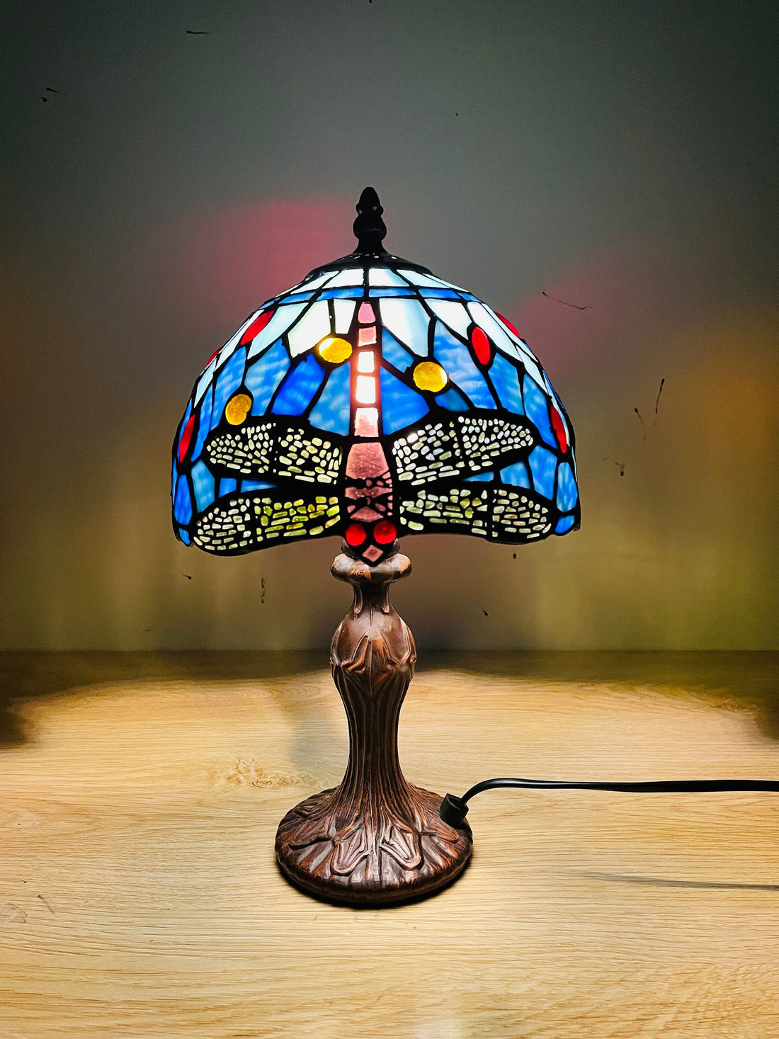 Sky Blue Tiffany Lamp, Dragonfly Style Lamp, Stained Glass, Crystal Bead Lampshade, Stained Glass Lamp Shade, Bedside Lamp,
