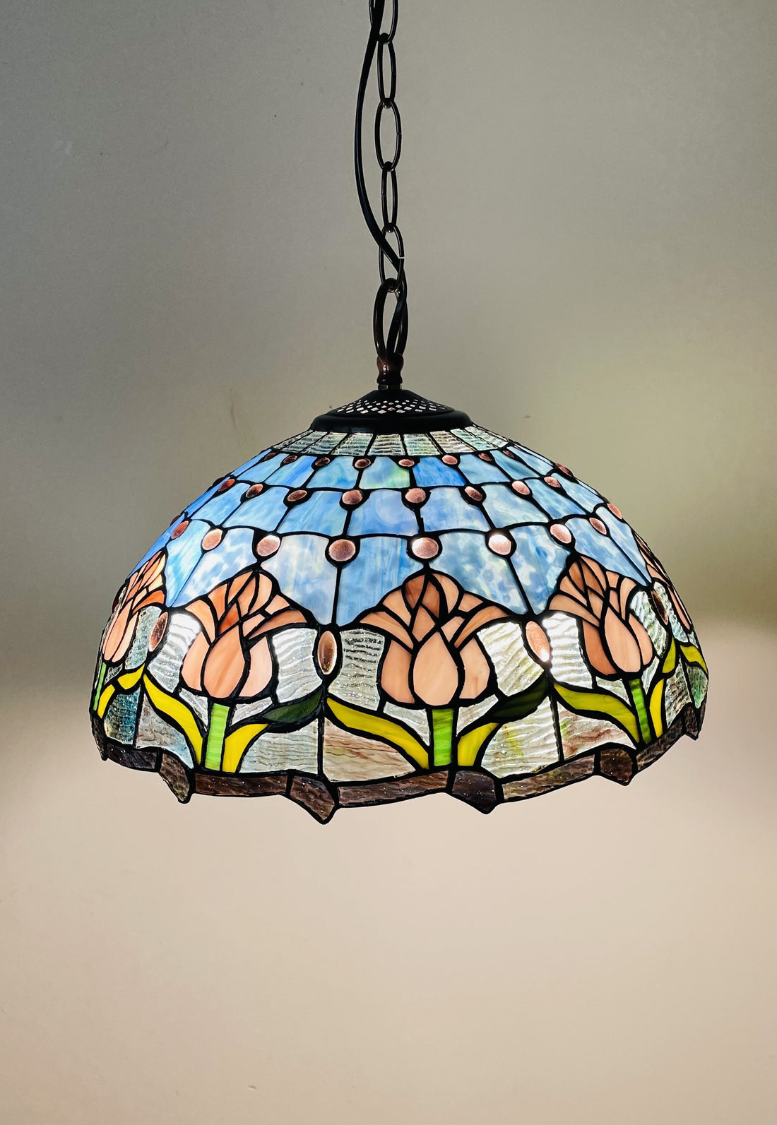 Tulips Tiffany Hanging Lamp 16in, Leadglass Stained Glass Shade, Crystal Bead Lampshade, Chandelier, Pendant Light, Living Room Kitchen Lamp