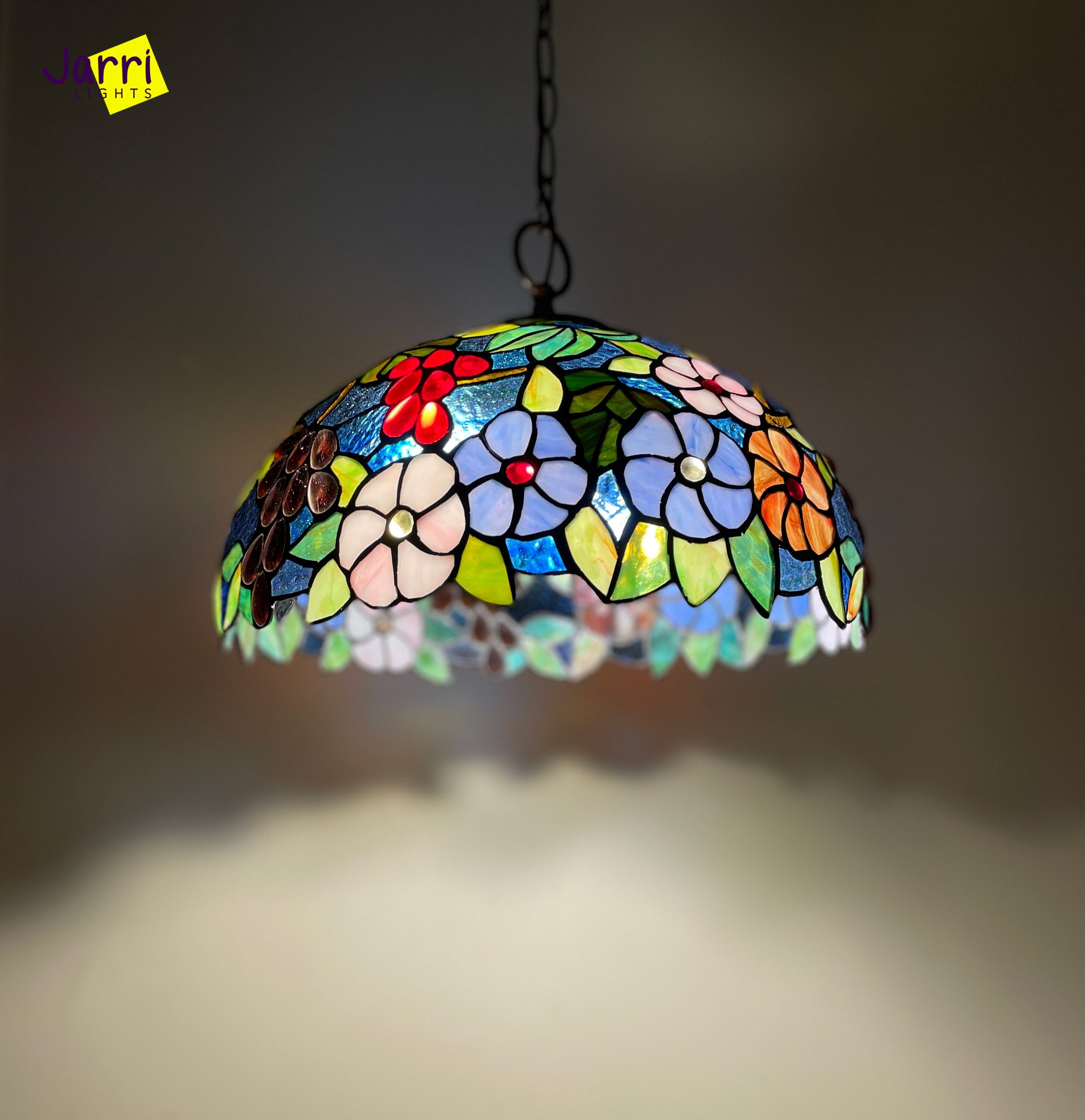 Tiffany Hanging Lamp 16in, Roses with Grapes Leadglass Stained Glass Crystal Bead Lampshade, Chandelier, Pendant Light, Dining Kitchen Lamp
