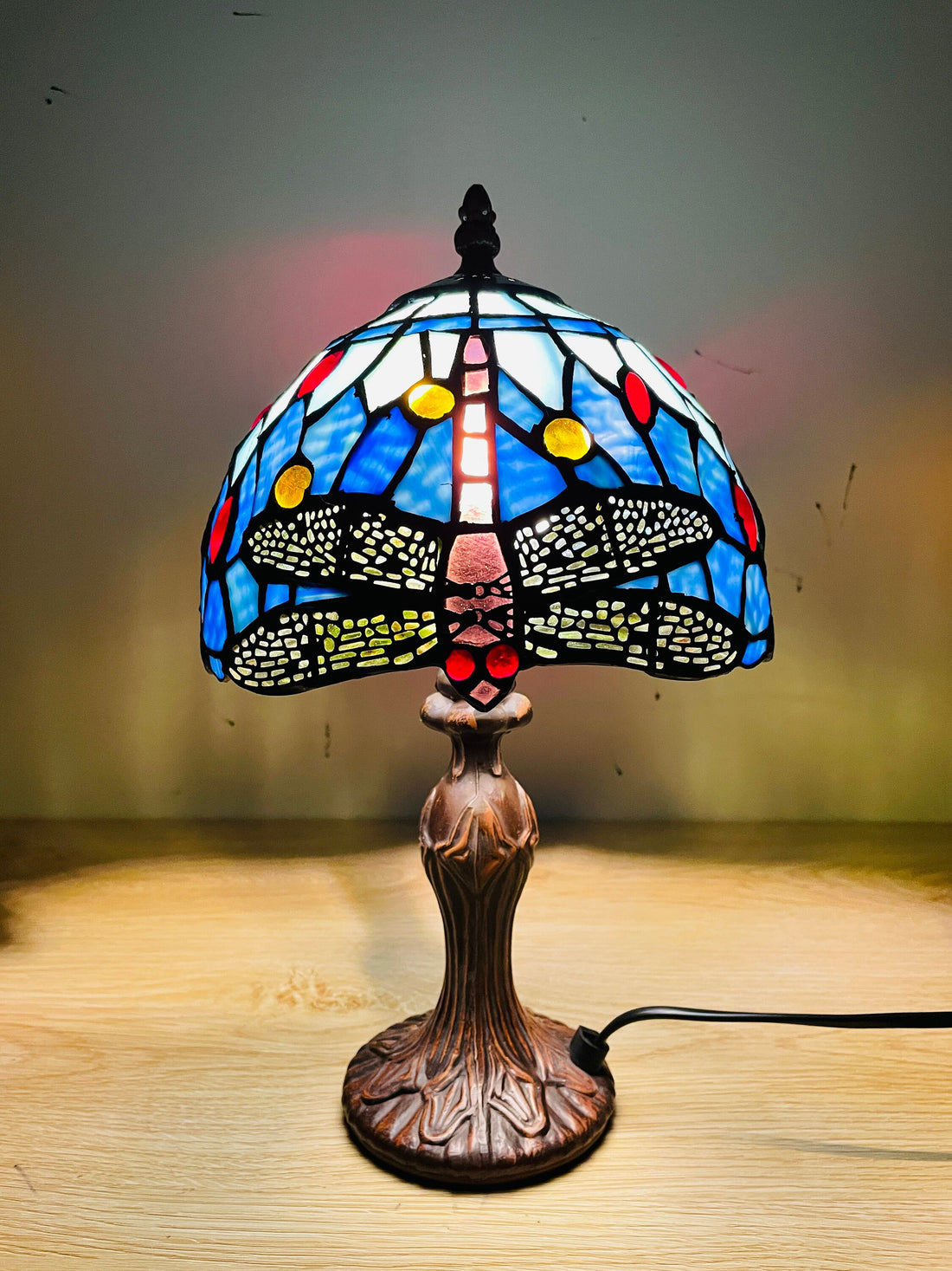 Sky Blue Tiffany Lamp, Dragonfly Style Lamp, Stained Glass, Crystal Bead Lampshade, Stained Glass Lamp Shade, Bedside Lamp,