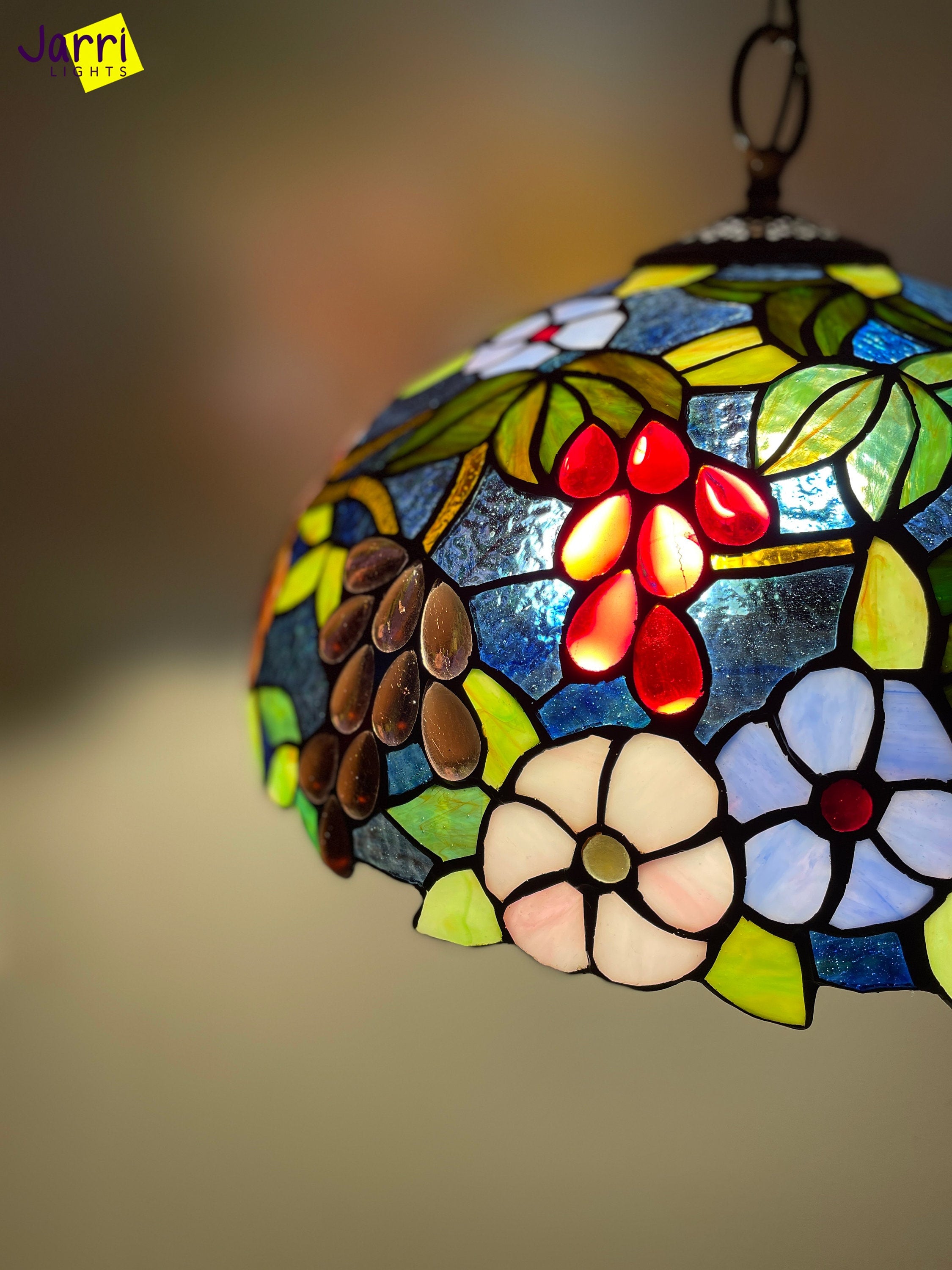 Tiffany Hanging Lamp 16in, Roses with Grapes Leadglass Stained Glass Crystal Bead Lampshade, Chandelier, Pendant Light, Dining Kitchen Lamp