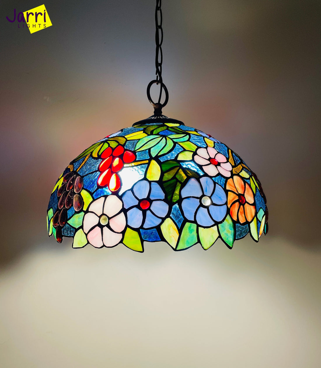 16&quot; Tiffany Pendant Lamp: Roses &amp; Grapes Stained Glass