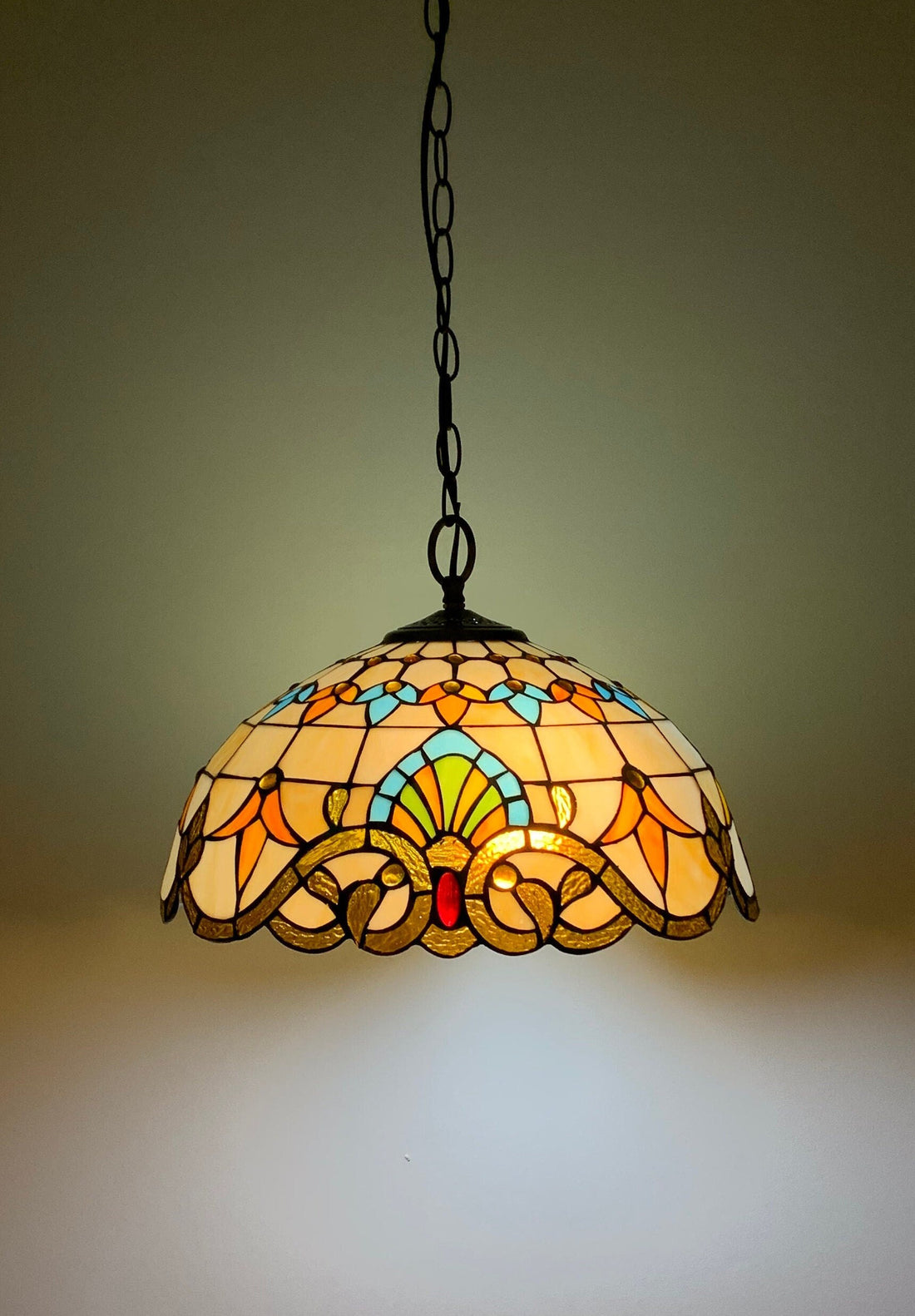 Crown Tiffany Hanging Lamp 16in, Leadglass Stained Glass Shade, Crystal Bead Lampshade, Chandelier, Pendant Light, Living Room Kitchen Lamp