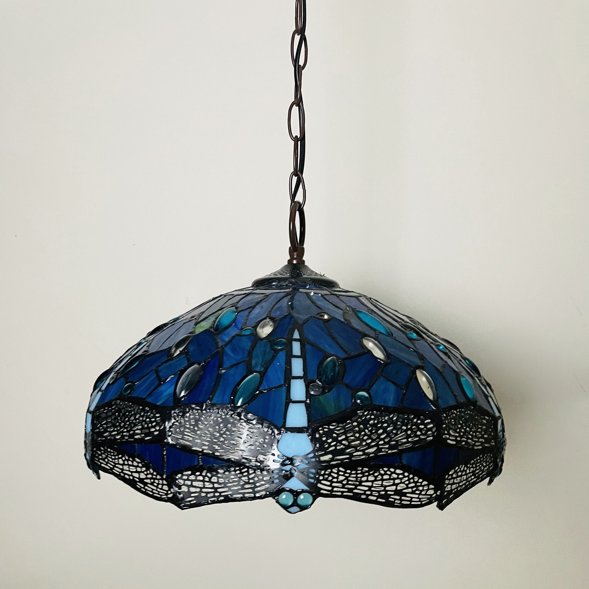 Sea Blue Dragonfly Tiffany Hanging Lamp 16in, Leadglass Stained Glass Shade, Crystal Bead Lampshade, Pendant, Chandelier, Hampton, Beach