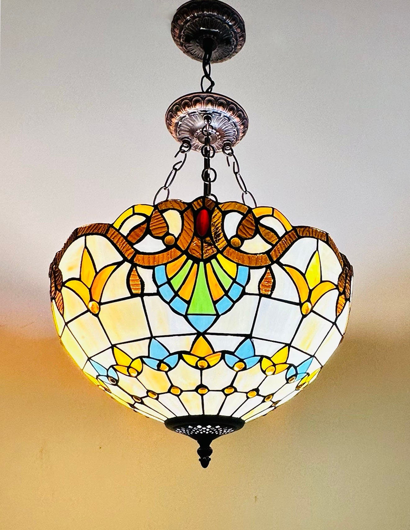 Crown Tiffany Inverted Lamp 16in, Leadglass Stained Glass Shade, Crystal Bead Lampshade, Chandelier, Pendant Light, Living Room Kitchen Lamp