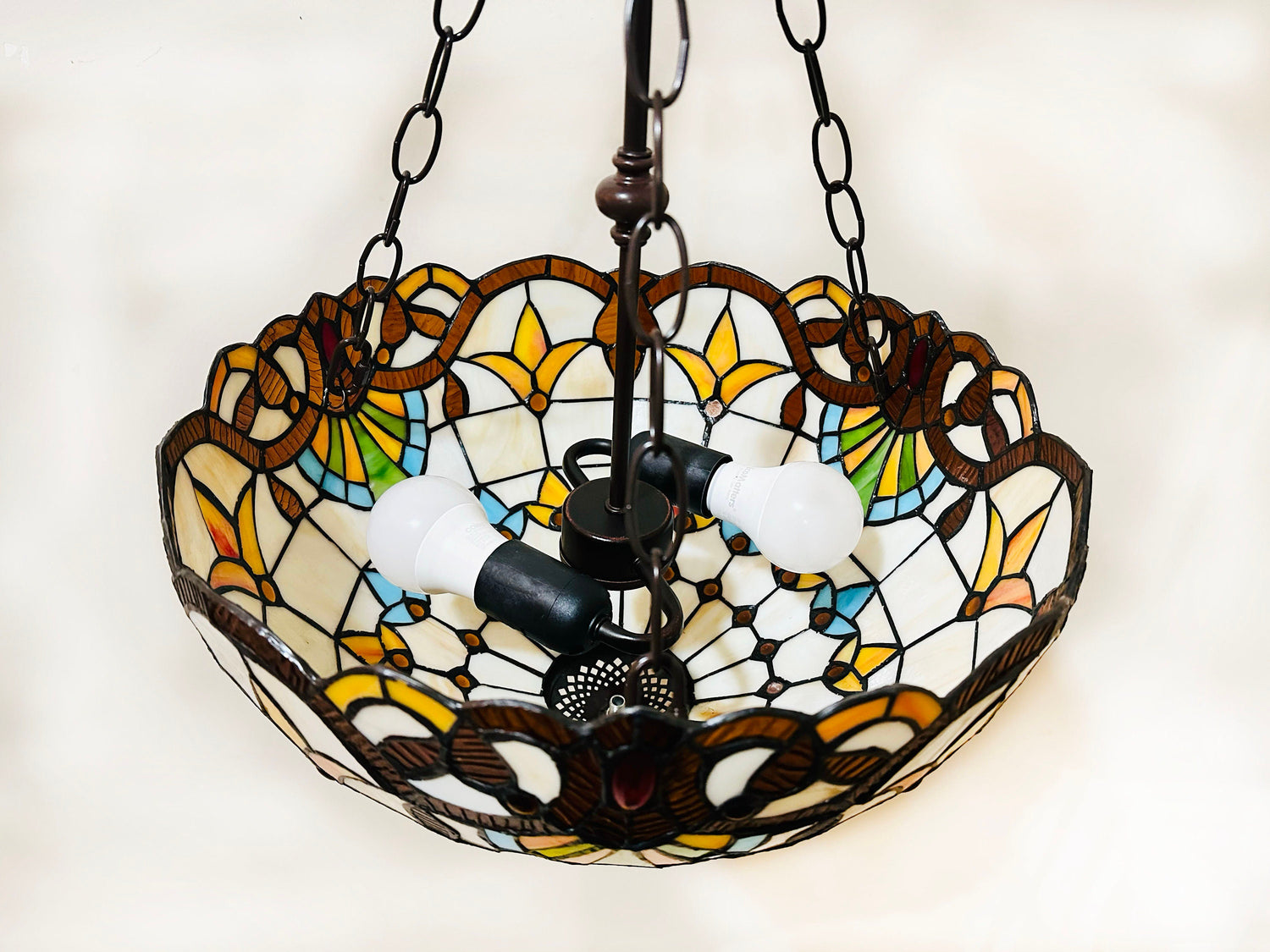 Crown Tiffany Inverted Lamp 16in, Leadglass Stained Glass Shade, Crystal Bead Lampshade, Chandelier, Pendant Light, Living Room Kitchen Lamp